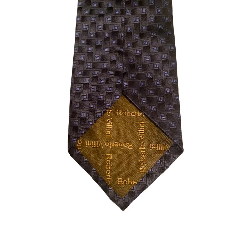 Roberto Villini Collezione Navy Blue Black Geometric Silk Hand Made Necktie
